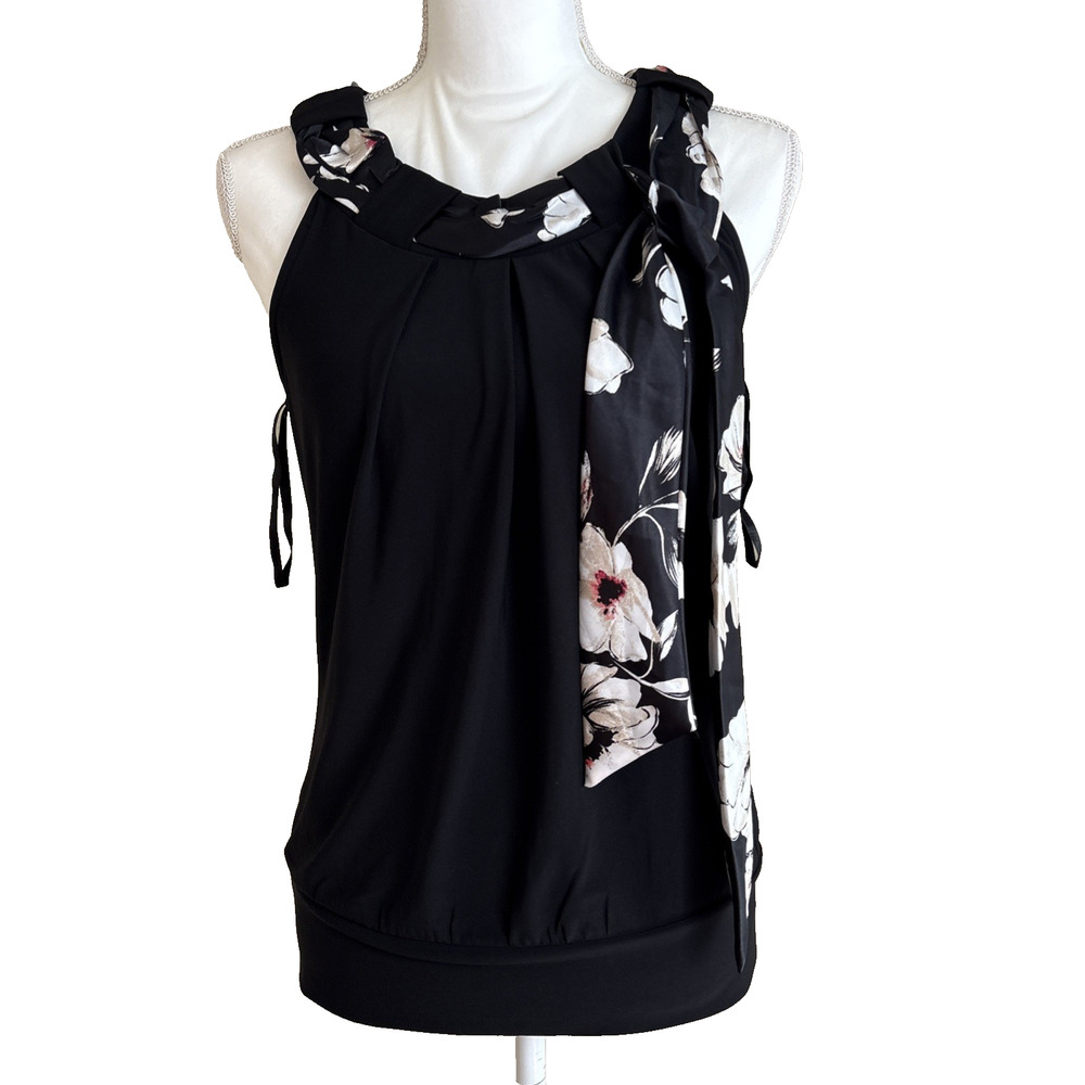 White House Black Market Womens Blouse Black Sleeveless Round Tie Neck, Size S